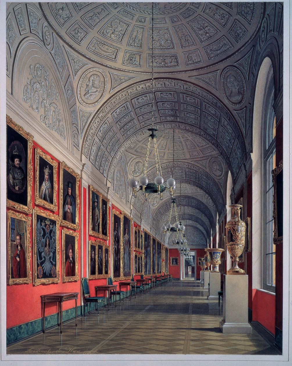 The New Ermitage, The Romanov Gallery, North Site (The New Ermitage, The Romanov Gallery, North Site). Verk av Eduard (Edouard) Hau (1807-1887), akvarell på papper 1864. Rysk konst 1800-talet. State Hermitage Sankt Petersburg. av Eduard Hau