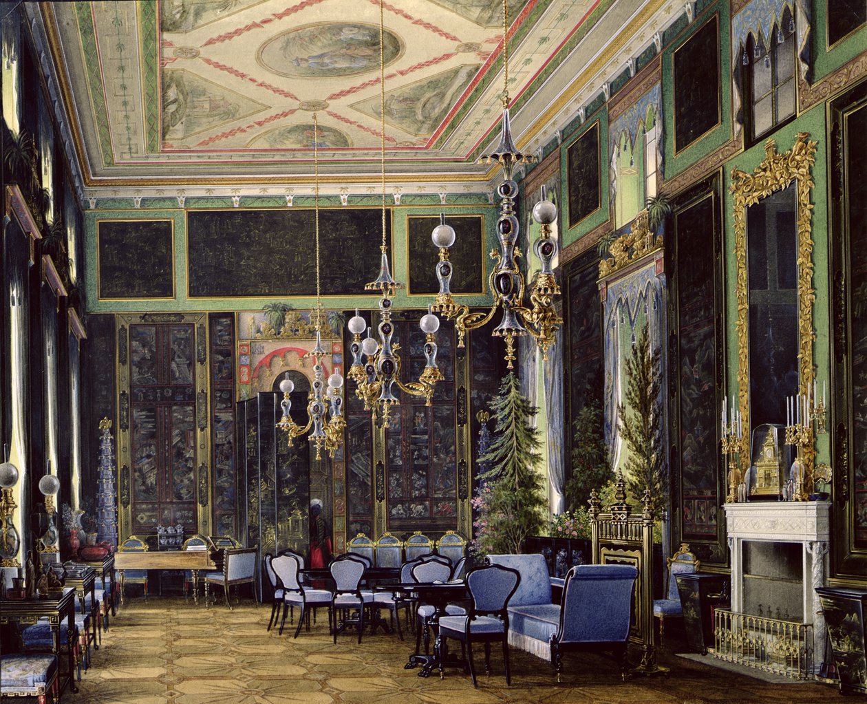 Det kinesiska rummet i det stora palatset i Tsarskoye Selo (wc, gouache och bläck på papper) av Eduard Hau