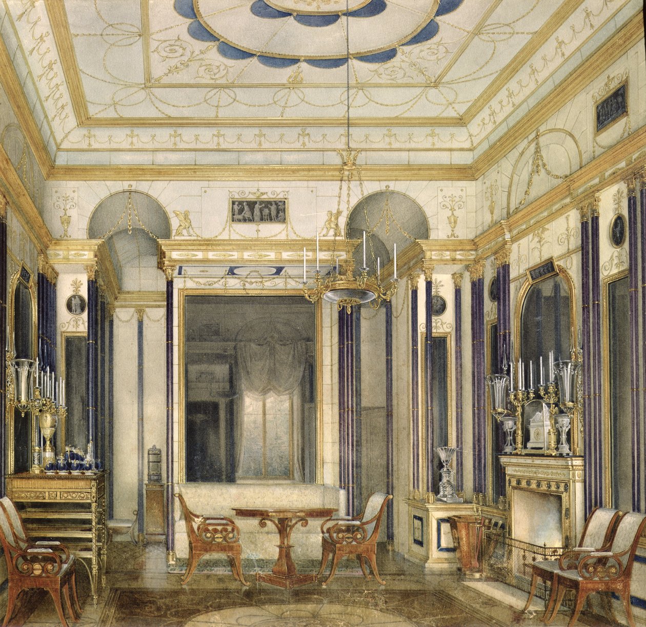 Kejsarinnan Maria Alexandrovnas sal i det stora palatset i Tsarskoye Selo (wc, gouache och bläck på papper) av Eduard Hau