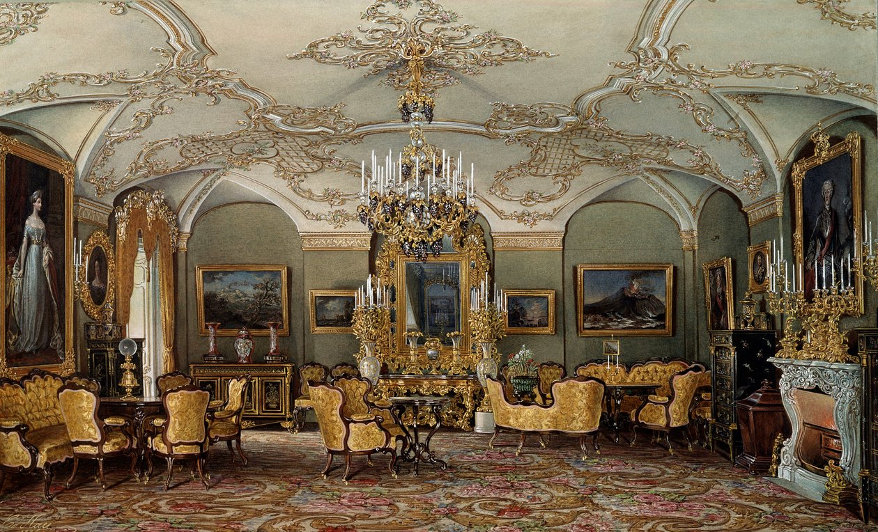 Utsikt över salongen av Alexandra Fyodorovna (Fedorovna eller Feodorovna eller Charlotte av Preussen (1798-1860)), fru till tsar Nicholas I vid Gatchina-palatset. Akvarell tillskriven Eduard (Edouard) Hau (1807-1870) 1800-talets Sankt Petersburg, Hermitage av Eduard Hau