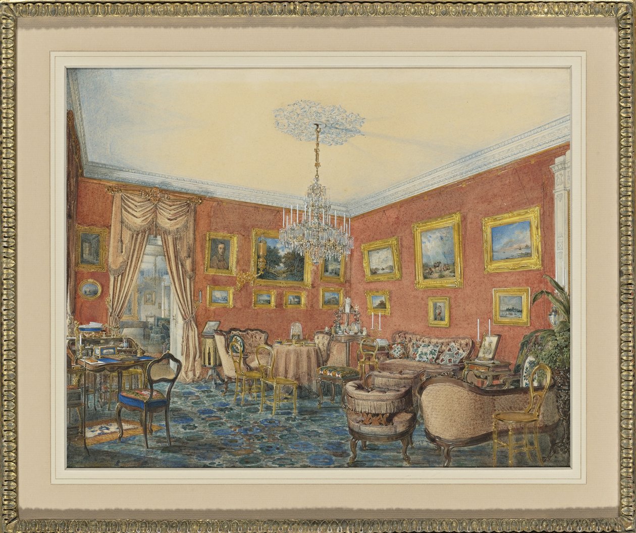 Utsikt över konstnärernas salong i hans radhus vid Neva i St. Petersburg, 1859 av Eduard Hau