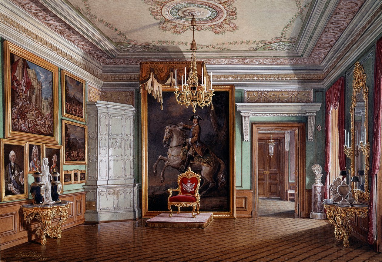 Utsikt över tronrummet för Paul I (1754-1801) i Gatchina, i mitten porträttet av Peter I Akvarell av Eduard (Edward) Hau (1807-1870) 1800-talet Saint Petersbour, Hermitage Museum av Eduard Hau