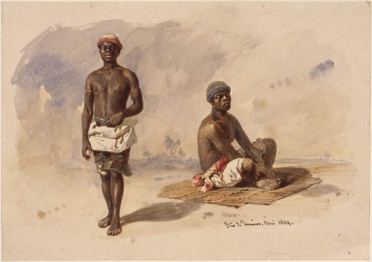 Två afrobrasilianer; den ene stående framifrån, den andre sittande på en vassmatta av Eduard Hildebrandt