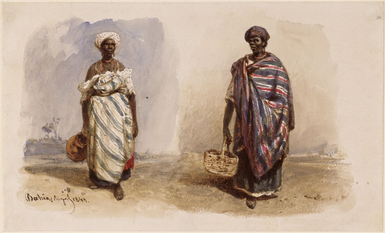 Två afro-brasilianska kvinnor med axelsjalar, den ena med en vattenkanna, den andra med en korg av Eduard Hildebrandt