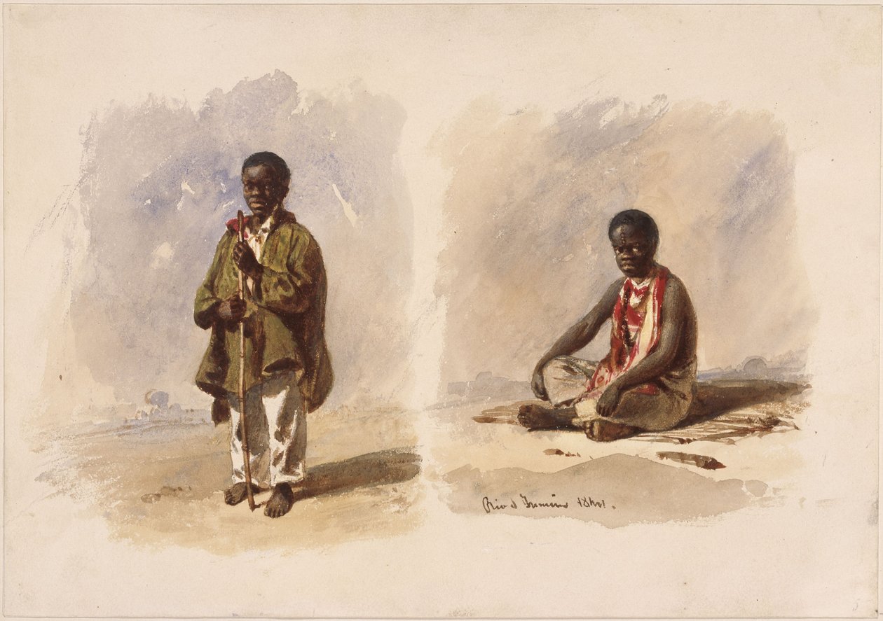 Två små afro-brasilianska barn; det ena står, det andra sitter av Eduard Hildebrandt