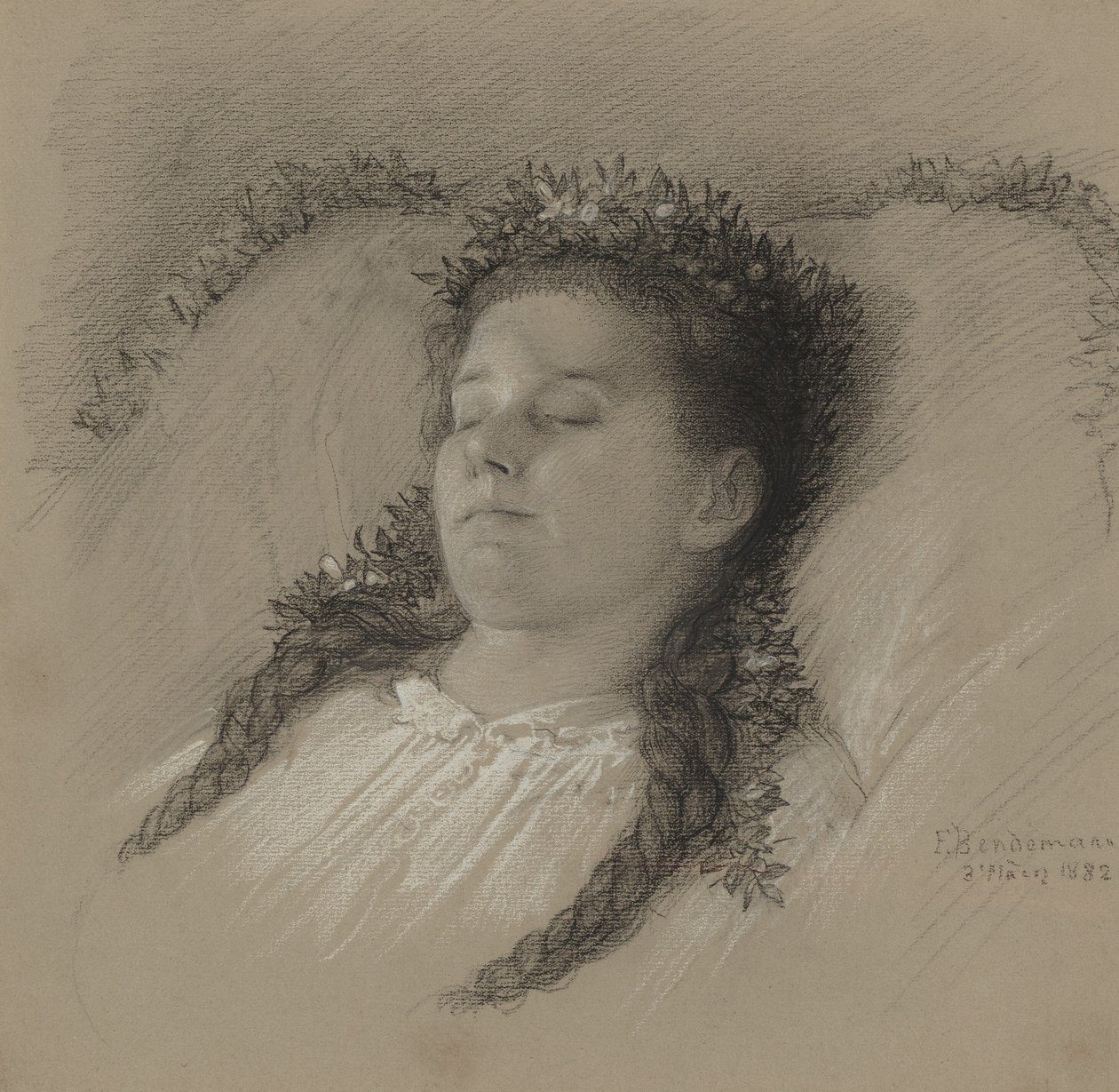 En flicka på sin dödsbädd med en krona av blommor av Eduard Julius Friedrich Bendemann