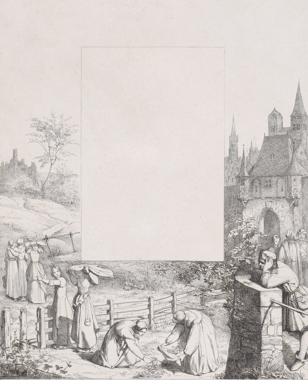 Plåt 5: kvinnor som samlar växter och bär dem över sina huvuden, en manlig åskådare vid ri..., 1836. av Eduard Julius Friedrich Bendemann