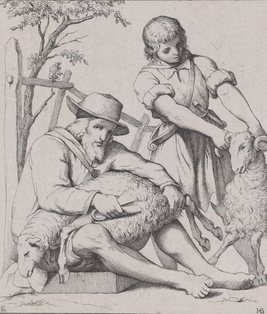 Två män fårklippning, ca. 1842. av Eduard Julius Friedrich Bendemann