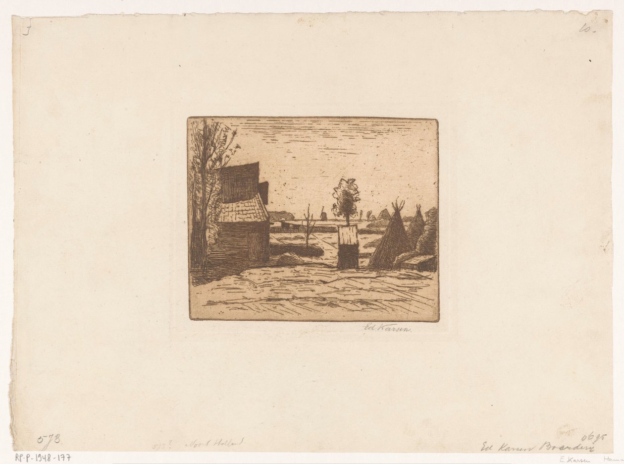 Gårdsgård med ladugård och höskärvor Gård (titel på objekt) av Eduard Karsen (signed by artist)