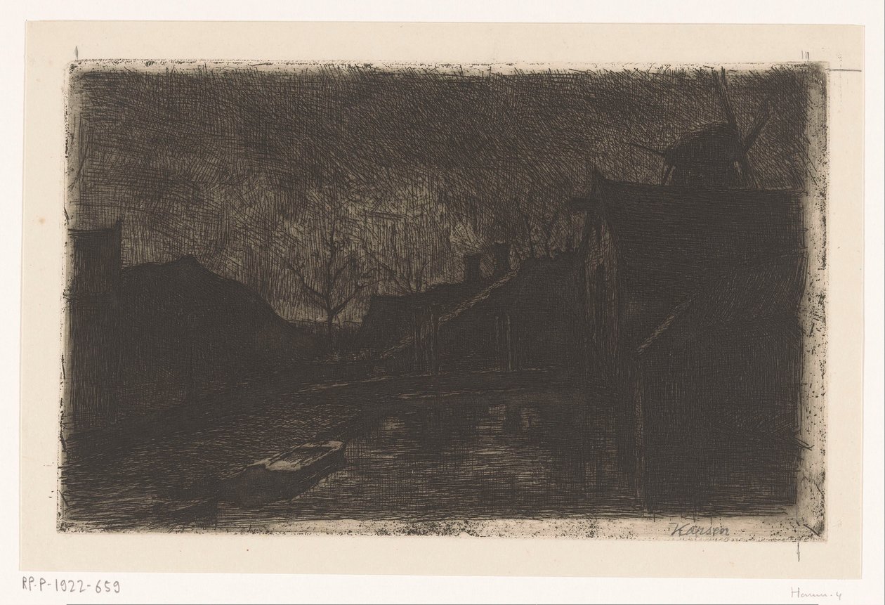 Landskap med hus och kvarn på natten av Eduard Karsen (signed by artist)