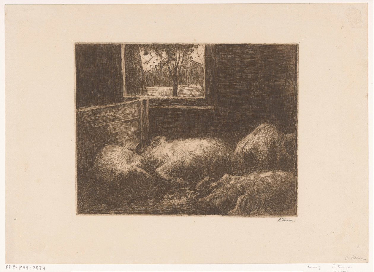 Grisar i ett stall av Eduard Karsen (signed by artist)