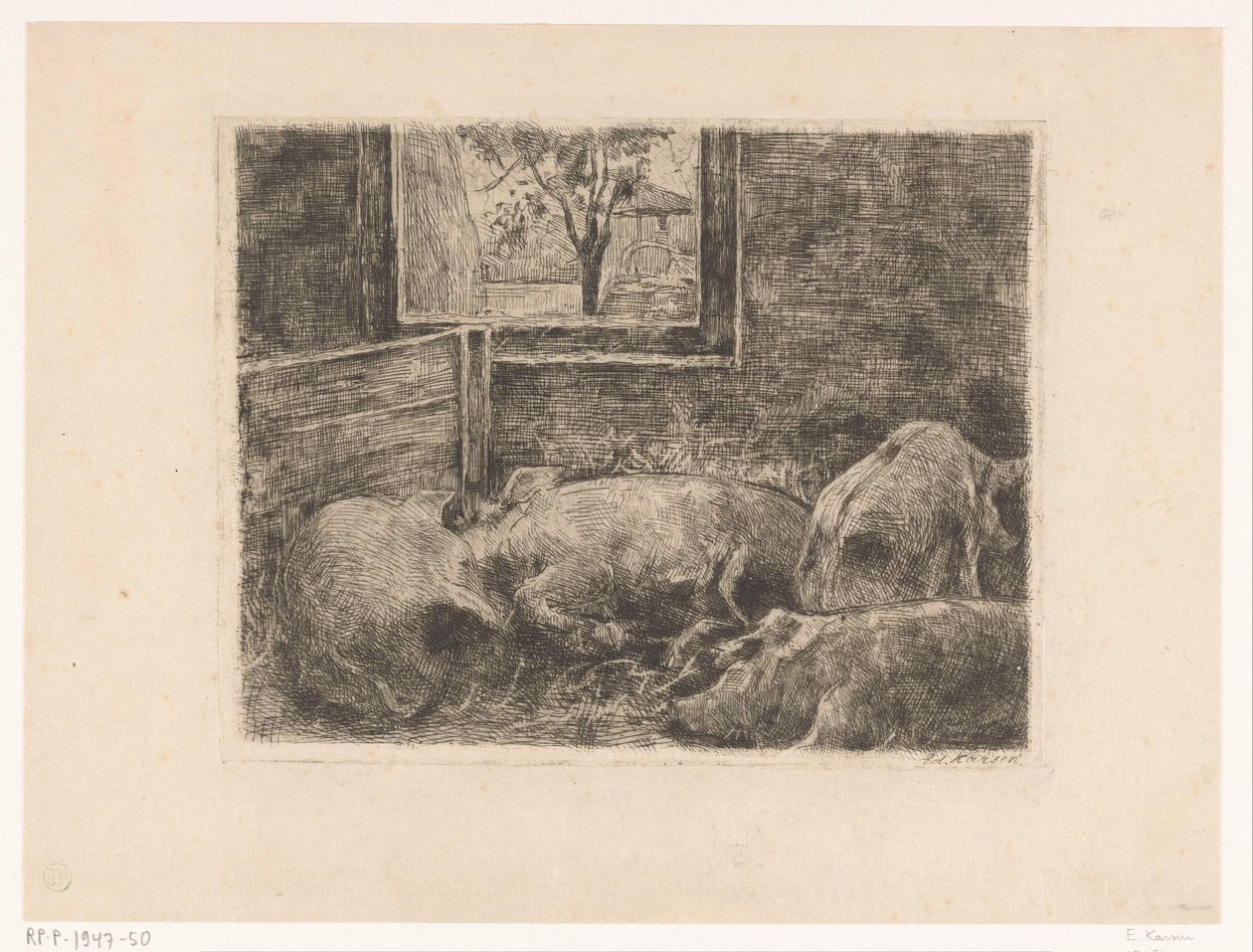 Grisar i ett stall av Eduard Karsen (signed by artist)