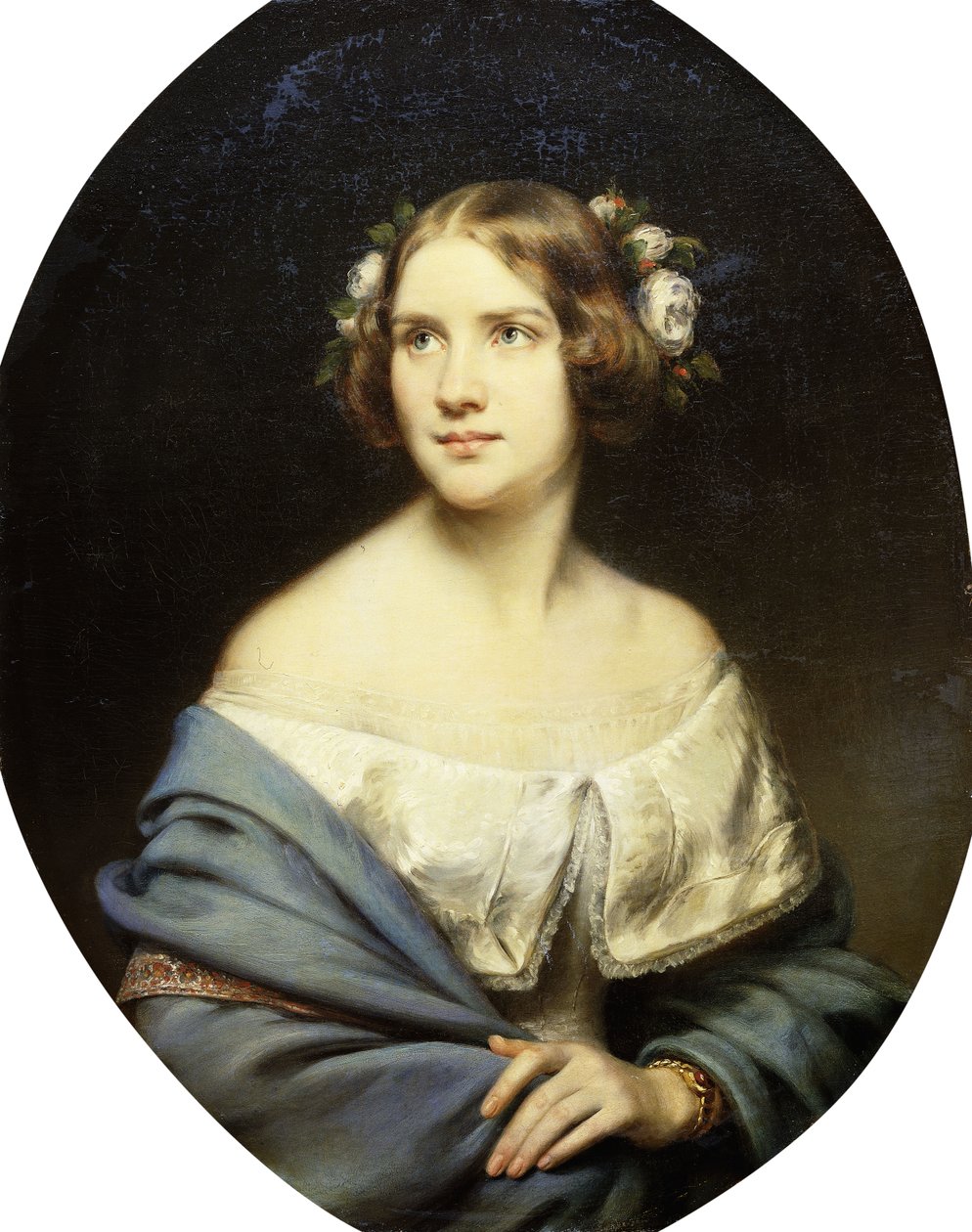 Porträtt av Jenny Lind, stående halvlängd i en vit klänning och en ljusblå sjal, av Eduard Magnus