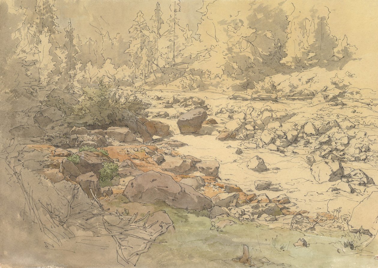 Landskap med klippor i en flod nära Kronau, 1800-tidigt 1900-tal. av Eduard Peithner von Lichtenfels