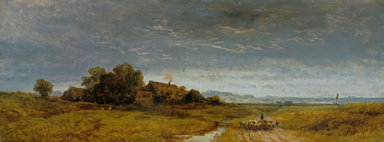 Övre bayerska slätten med en flock får som flyttar hem av Eduard Schleich der Ältere