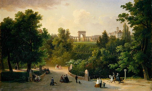 Utsikt från Karlsaue-trädgården till Friedrichsplatz av Eduard Stiegel
