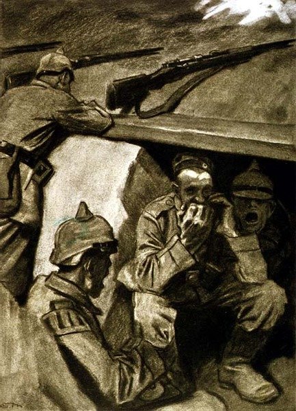 A Mouth Organ in the Trenches, illustration från en tysk tidskrift, 