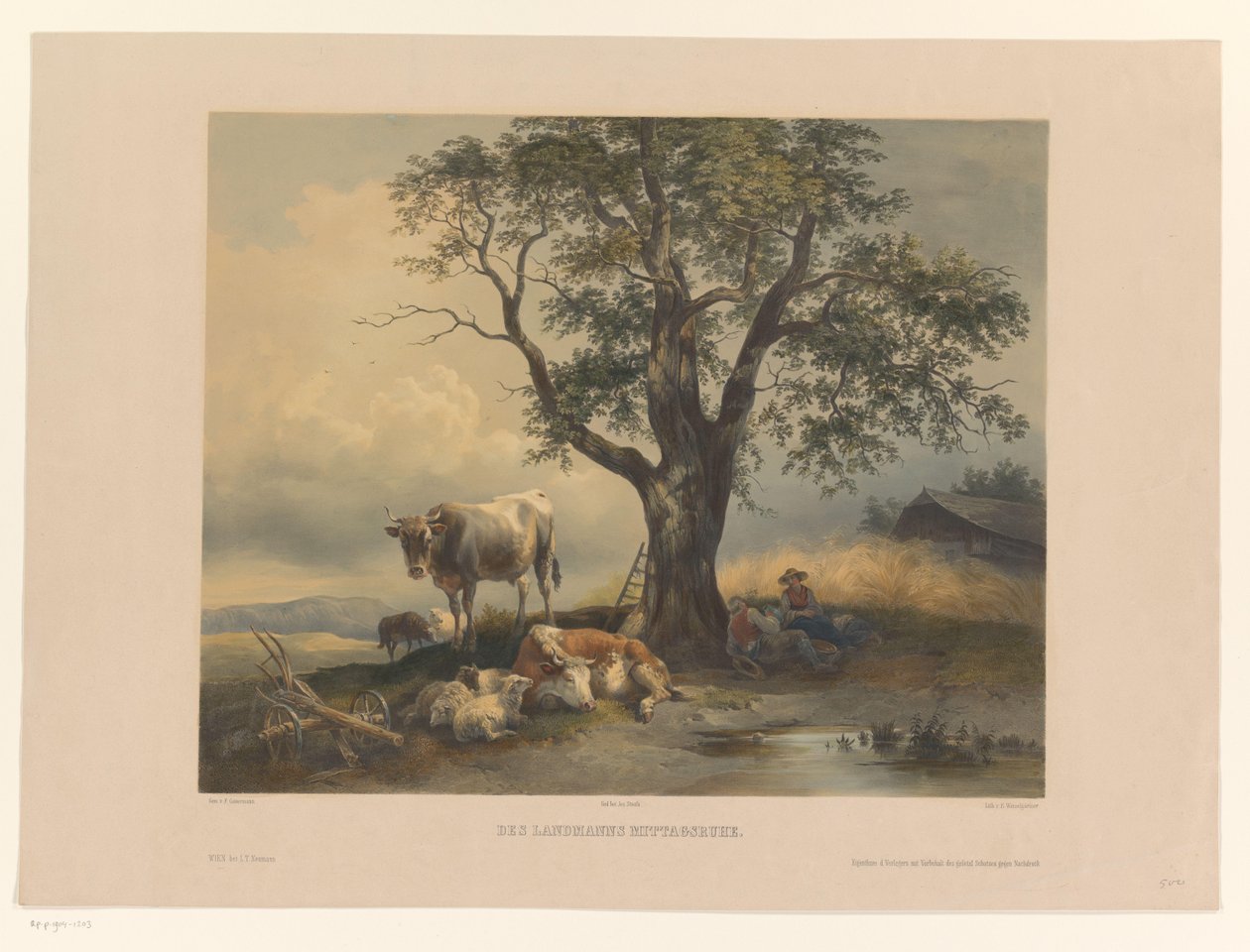 Figurer med boskap som vilar i ett landskap Des Landmanns Mittagsruhe (titel på objekt) av Eduard Weixlgärtner