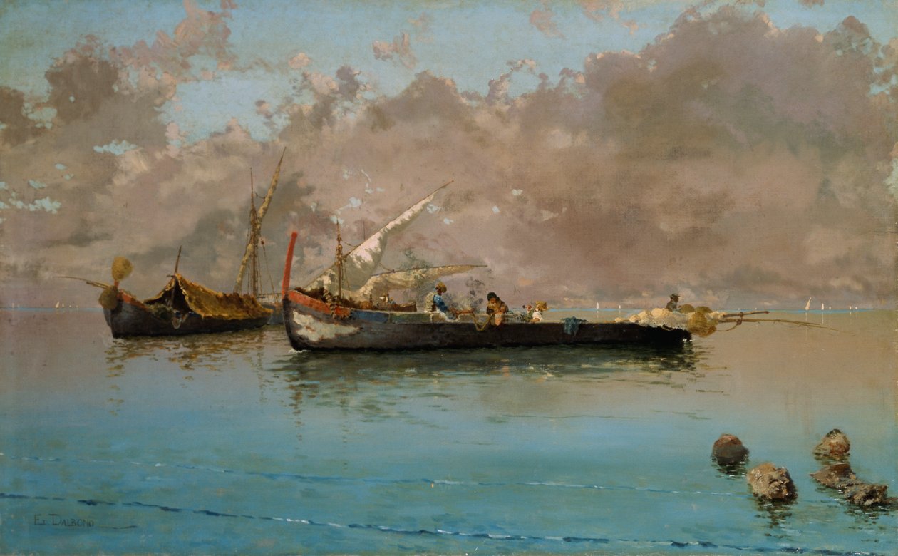 Marina med fiskebåtar, av Eduardo Dalbono (1841-1915), olja på duk, 64,5x104,5 cm av Eduardo Dalbono