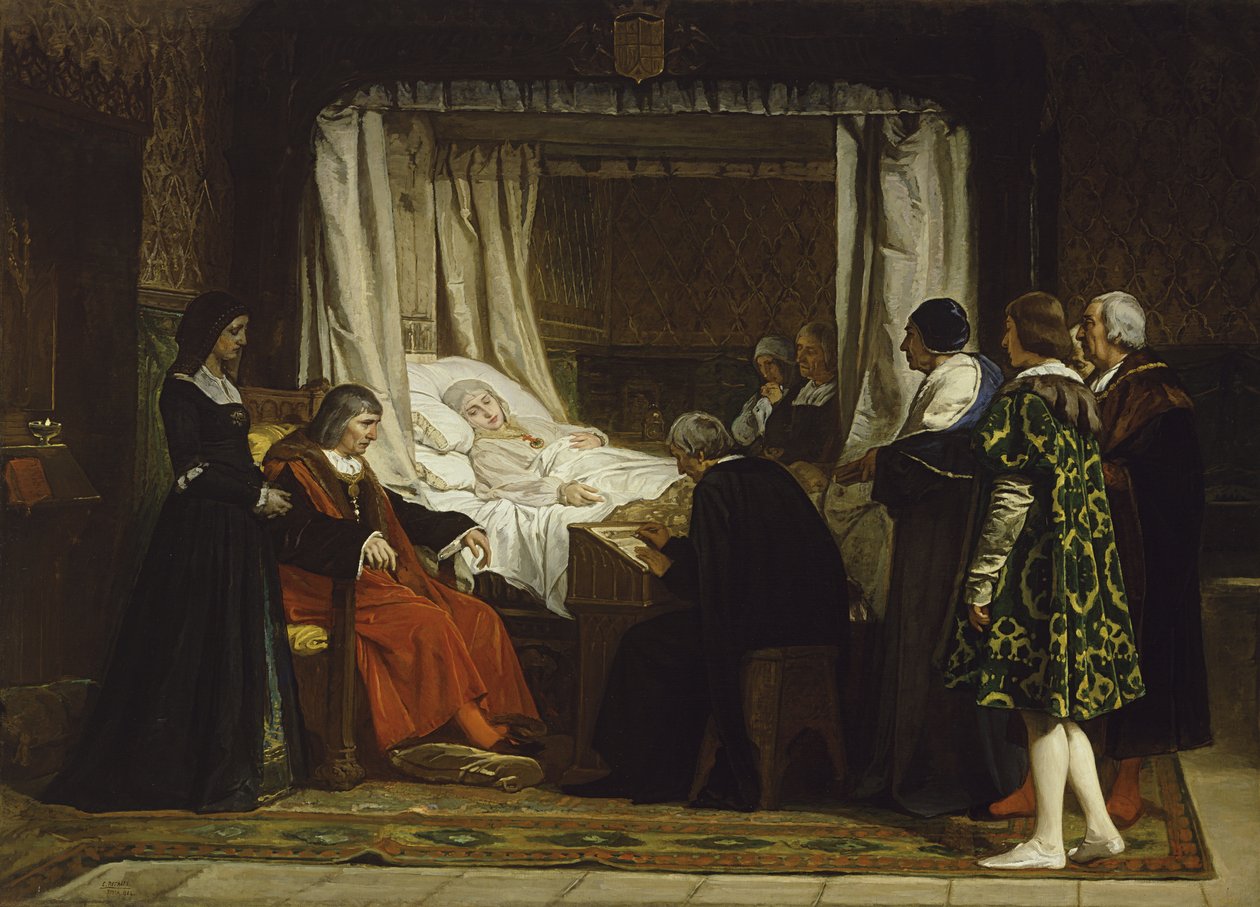 Drottning Isabella I av Kastilien dikterar sin sista vilja och testamente, 1864 av Eduardo Rosales Gallina