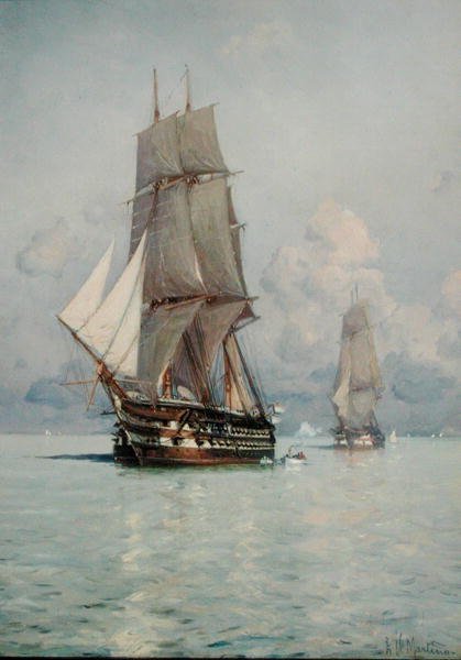A Squadron o Sail Coming to Anchor (olja på duk) av Eduardo de Martino