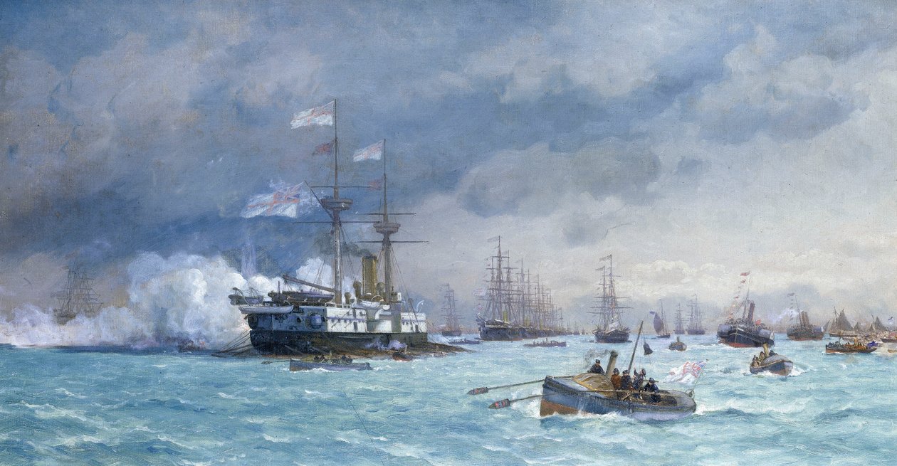 HMS "Edinburgh" på torpedövning, ca 1887 (olja på duk) av Eduardo de Martino