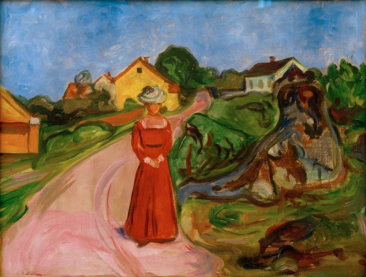 Kvinna i röd klänning (gatan i Åsgårdstrand) av Edvard Munch