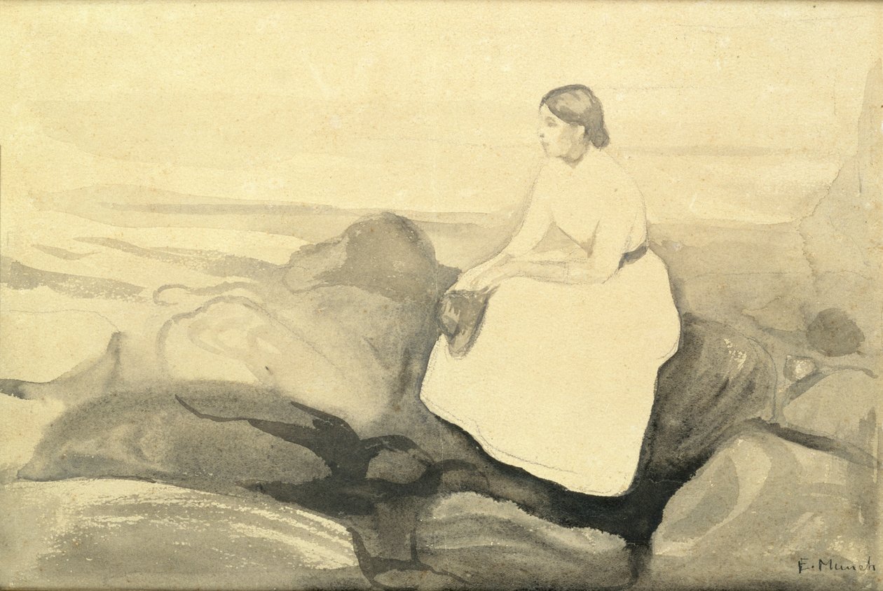 Inger på stranden, ca 1889 (wc och blyertspenna på papper på kartong) (se 24717) av Edvard Munch
