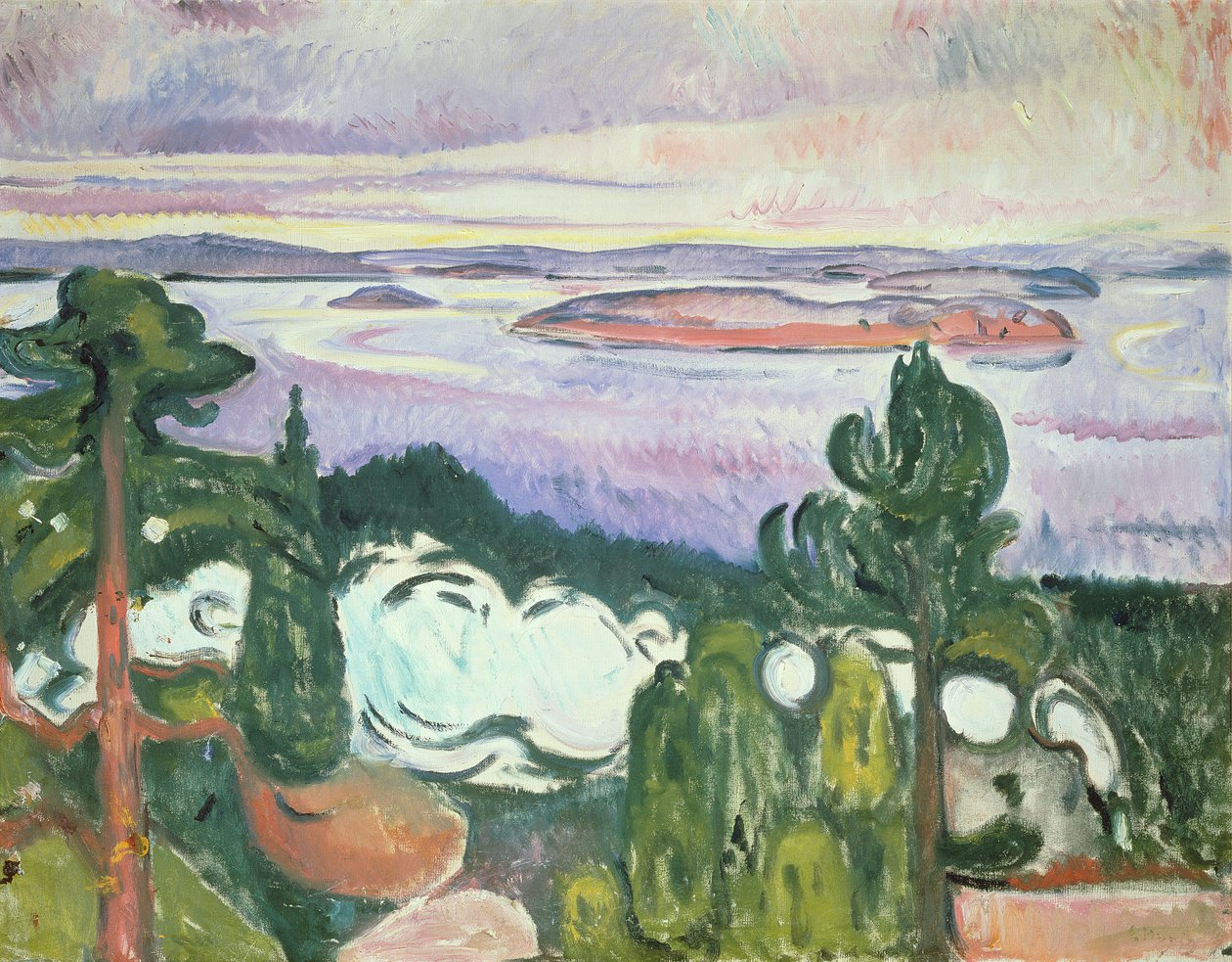 Oslofijord - Norra stranden (Landskap med järnväg, tåg, rök) 1910 av Edvard Munch