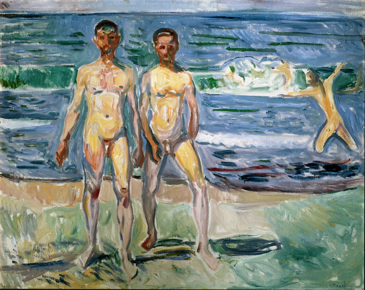 Badande Målning av Edvard Munch (1863-1944) 1940-1942 Sön. 149,5x120 cm Wien, Kunsthistorisches Museum, Nue Gallery in der Stallburg av Edvard Munch