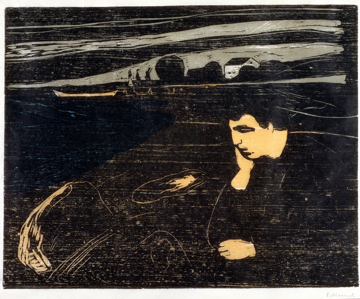 Evening, Melankoli: On the Beach (Abend, Melancholie am Strand) (träsnitt) av Edvard Munch