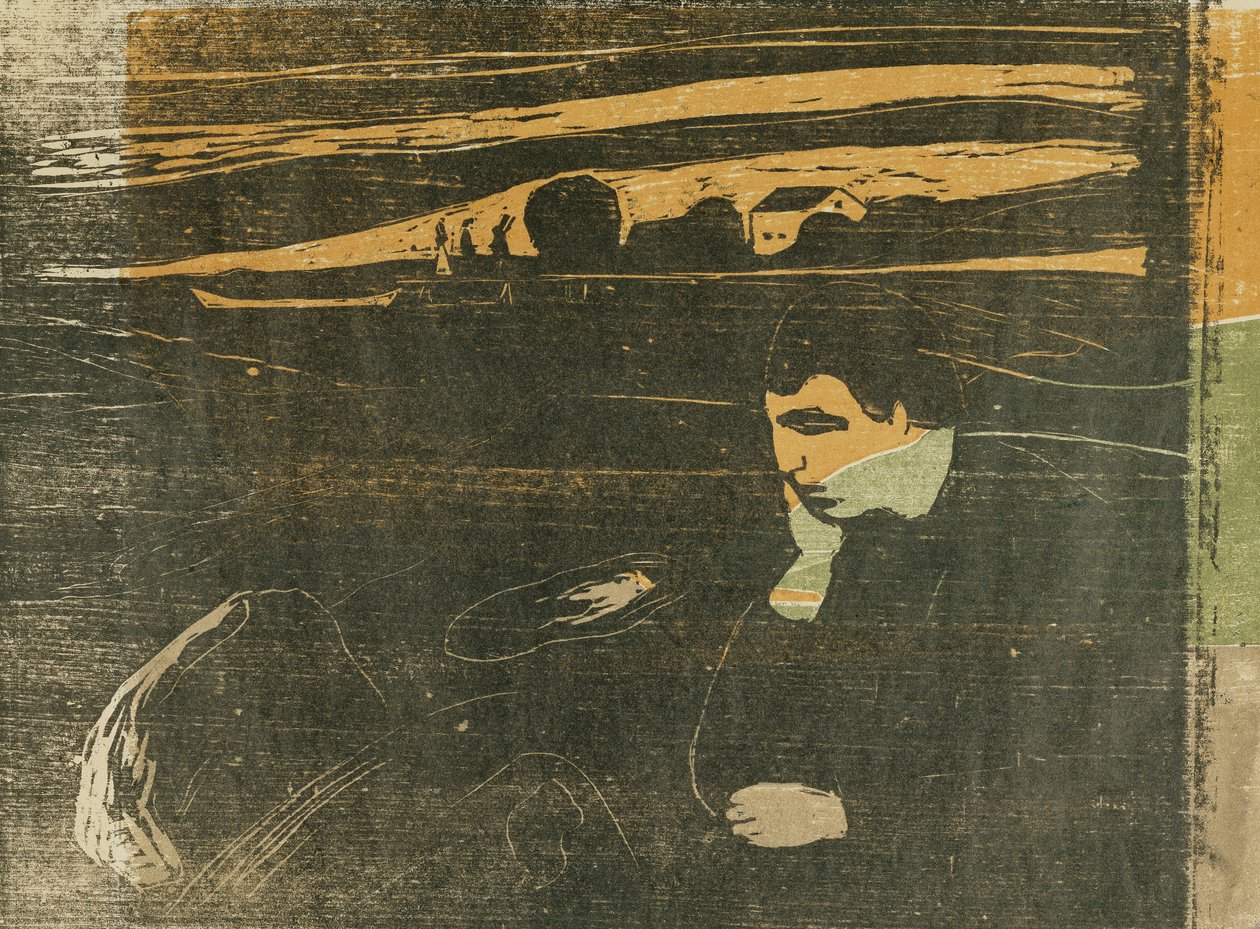 Kväll, melankoli: På stranden; Abend Melancholie: Am Strand (SCH. 144 B II) av Edvard Munch