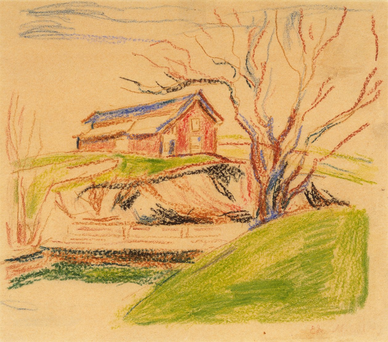 Huset på berget (krita) av Edvard Munch