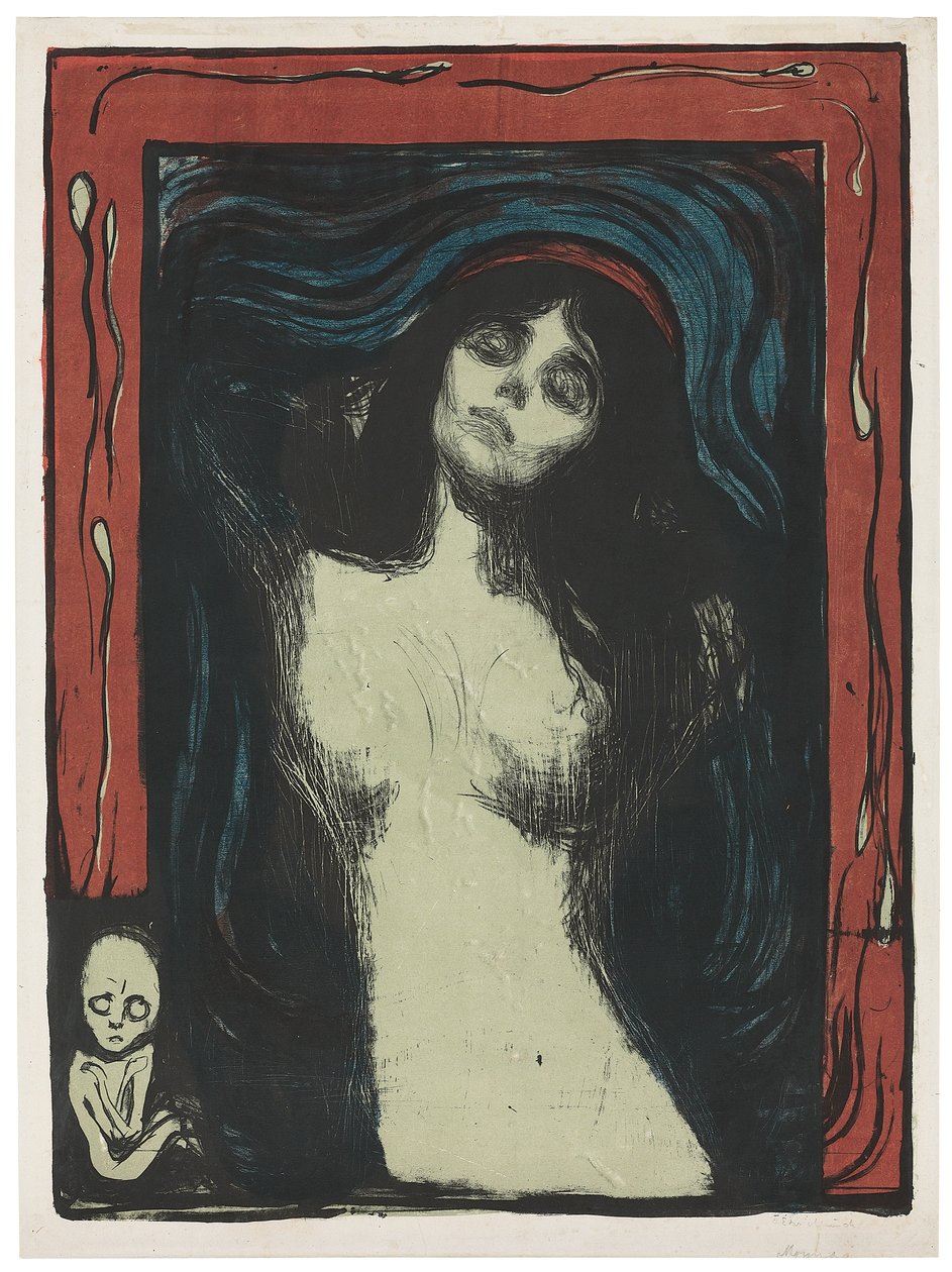 Madonna - Liebendes Weib, ca. 1895-1902 (litografi, tryckt i svart, rött, blått och jadegrönt på vitt) av Edvard Munch