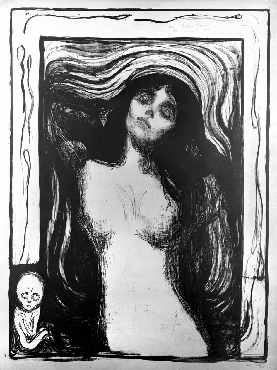 Madonna, litografi av Edvard Munch tillägnad Dr Bucher. av Edvard Munch