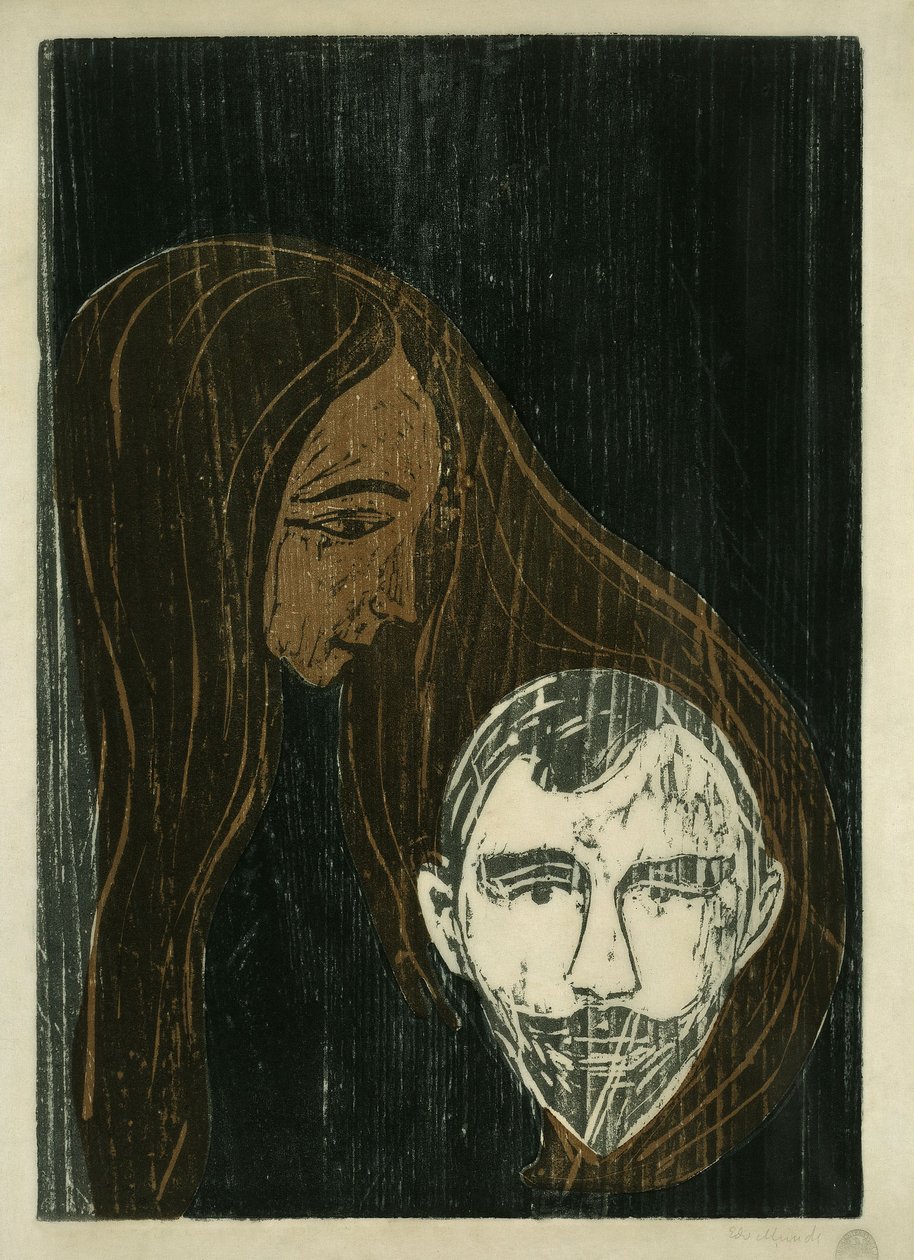 Manshuvud i kvinnligt hår av Edvard Munch