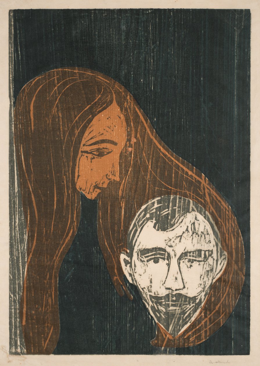 En mans huvud i en kvinnas hår av Edvard Munch