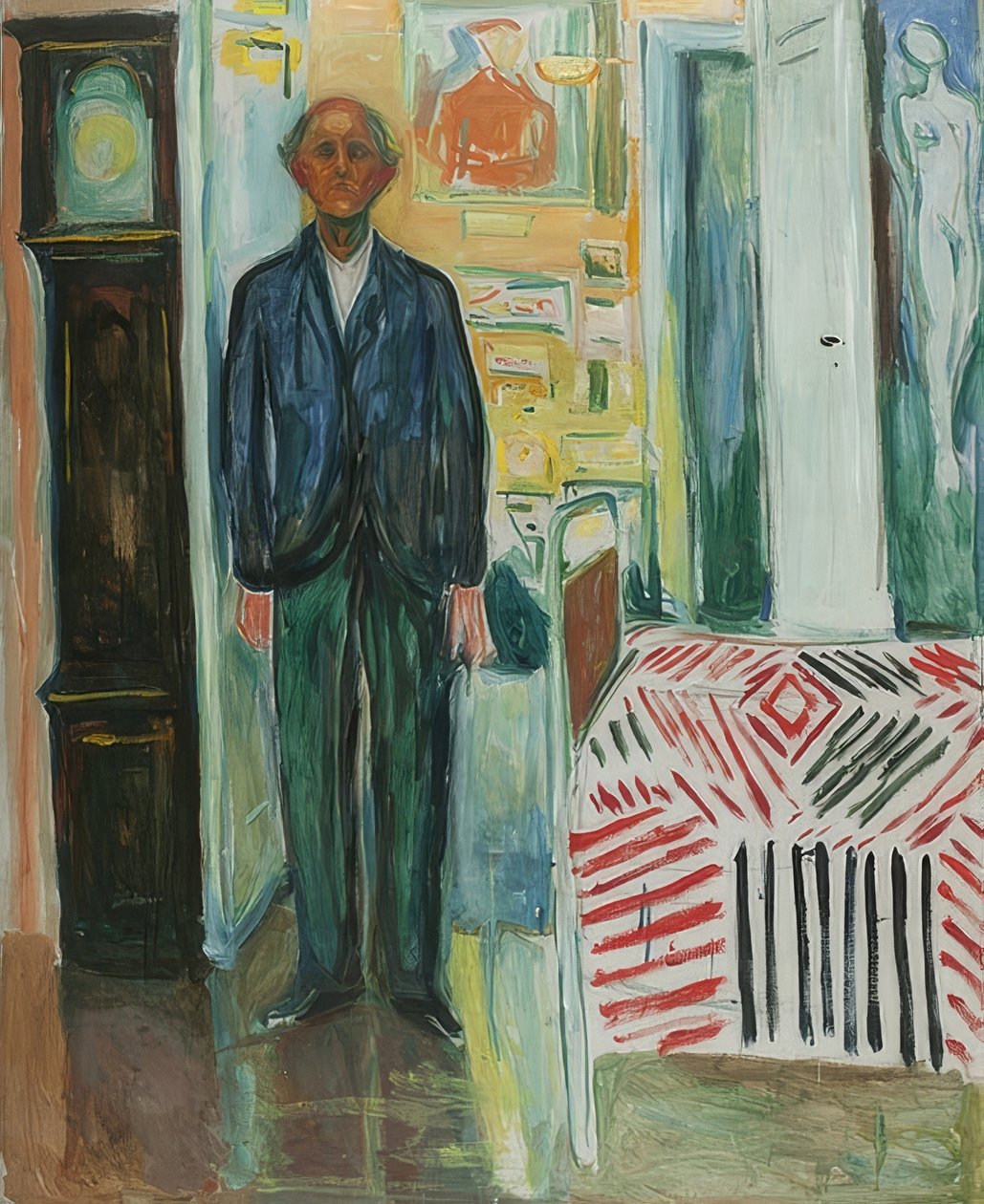 Självporträtt. Mellan klockan och sängen. 1940-42 av Edvard Munch