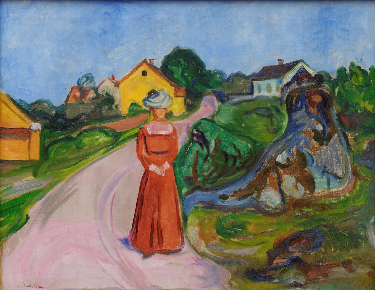 Gata i Åsgårdstrand och en kvinna i röd klänning av Edvard Munch