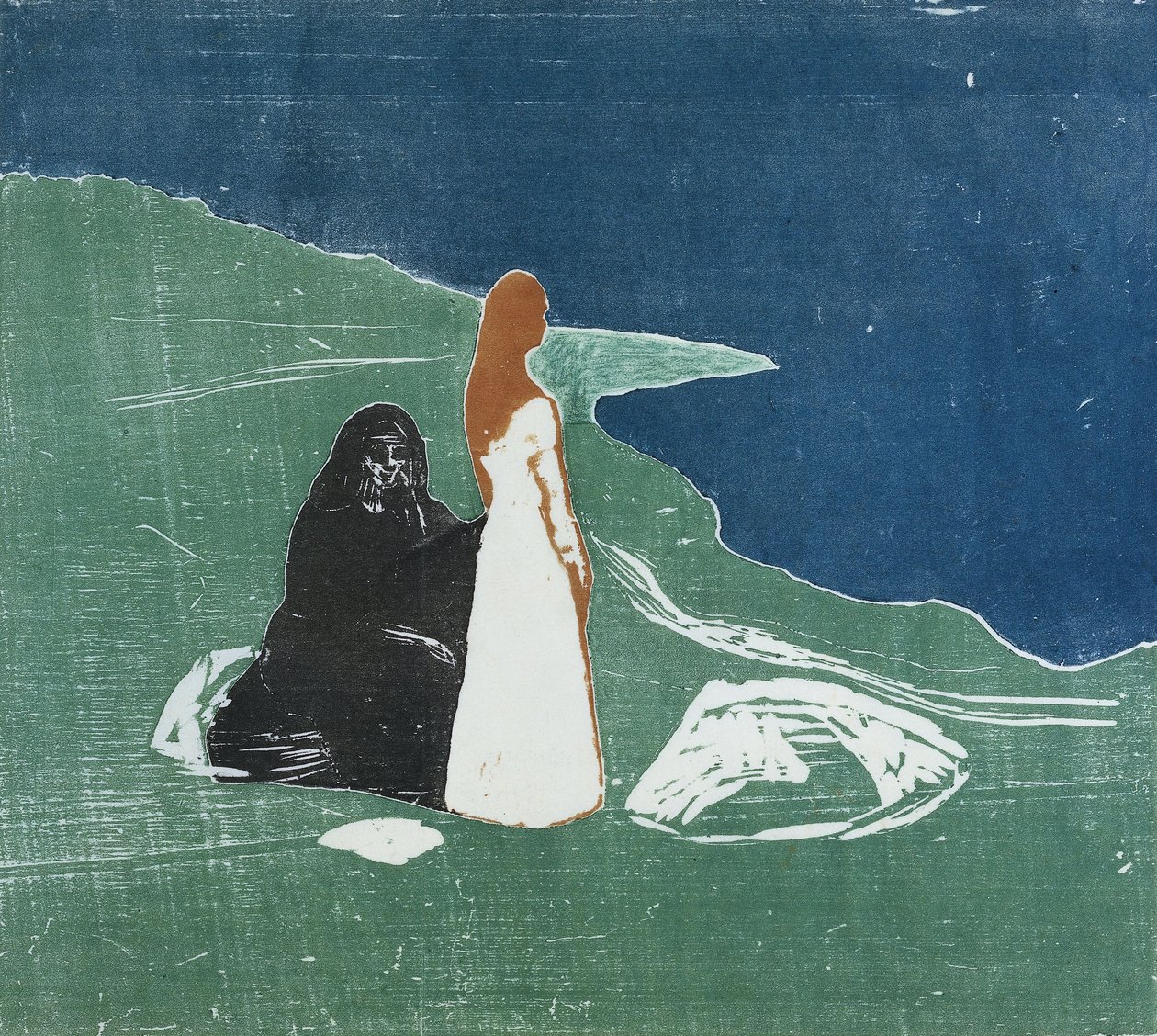 Två kvinnor på en strand, 1898 (träsnitt i färg) av Edvard Munch