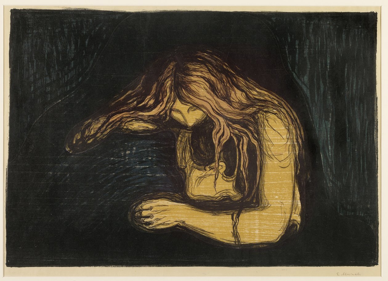 Vampyr, 1895-1902 (träblock och litografi i färg på tunt vävt papper på tunt japanskt papper) av Edvard Munch