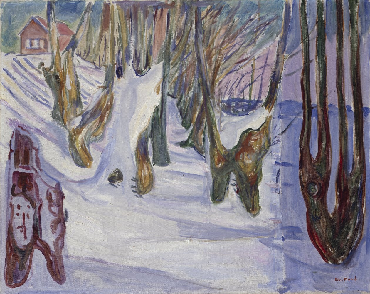 Vinterlandskap med hus (olja på duk) av Edvard Munch