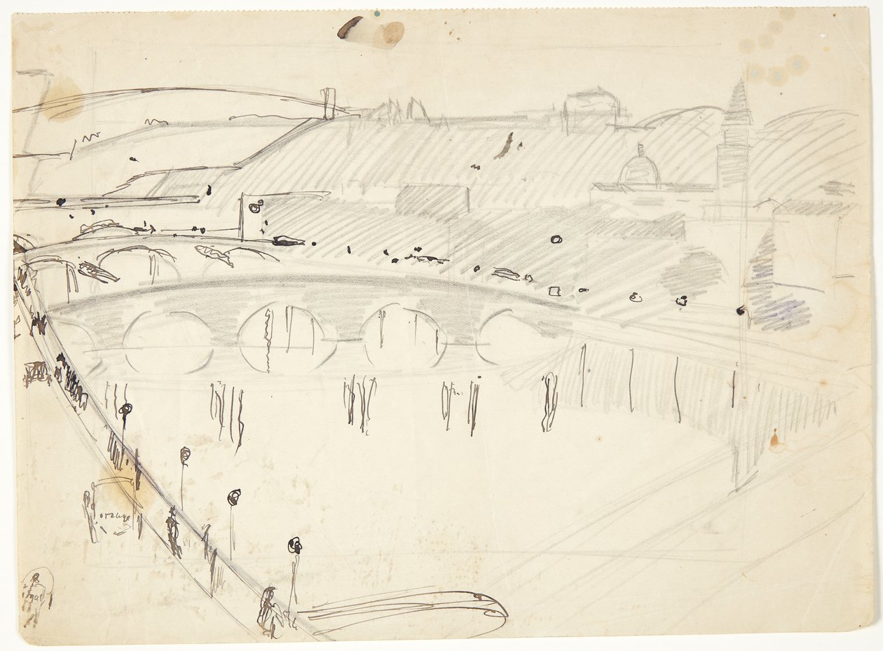 Utsikt från ett fönster vid Lungarno över floden mot Santo Spirito och San Miniato-kullarna, Florens av Edvard Weie
