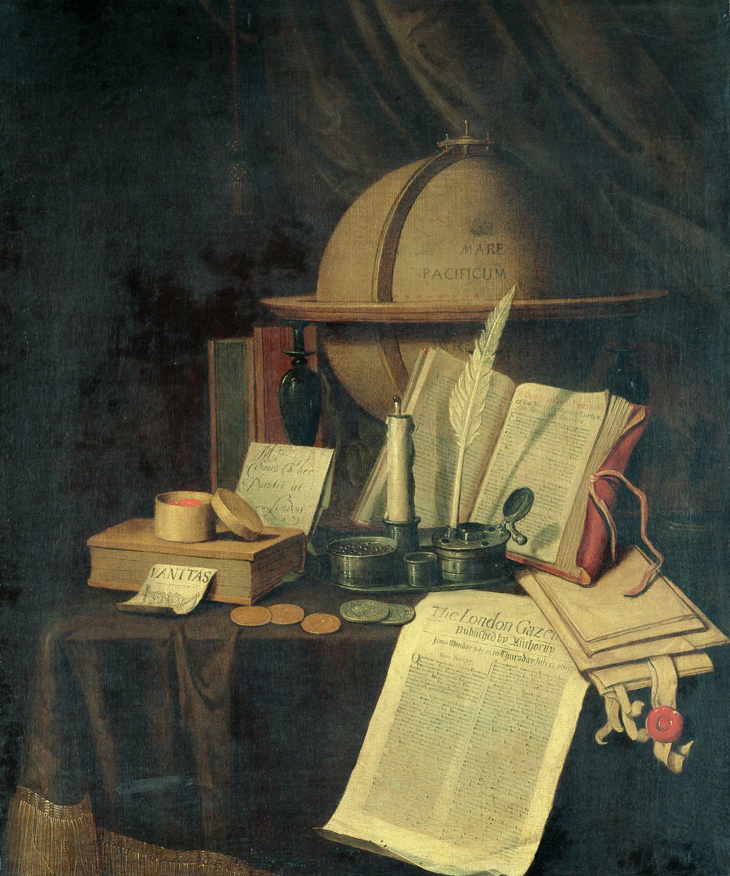 Omnia Vanitas: en jordglob, en kaviole, mynt och en kopia av London Gazette av den 13 juli 1691. av Edwaert Colyer or Collier