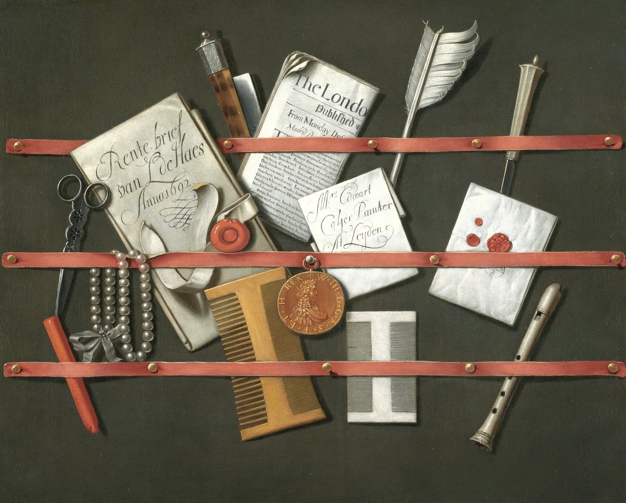 Stilleben, ett brevställ, 1692 av Edwaert Colyer or Collier