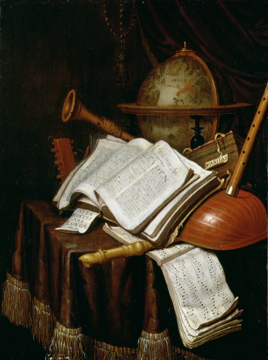 Vanitas med en jordglob, partitur och instrument, 1692 (panel) av Edwaert Colyer or Collier
