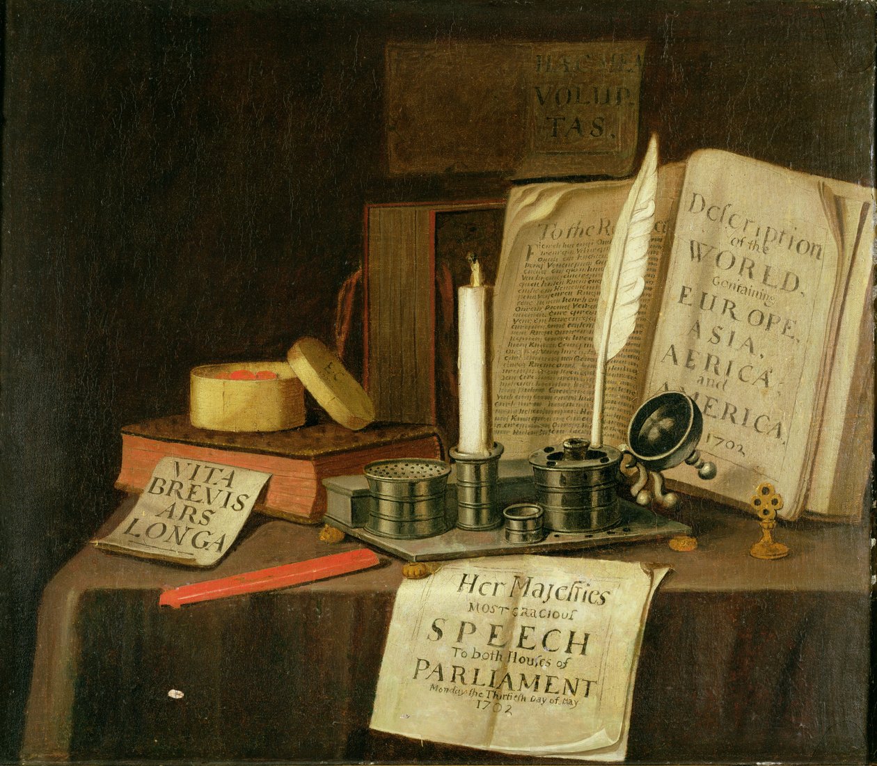 En Trompe L"Oeil med ett tennbläckställ, böcker och papper, 1702 av Edwaert Colyer or Collier