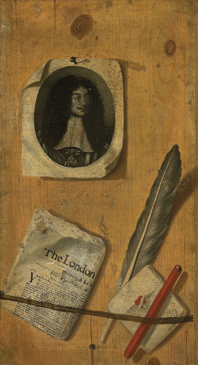Ett trompe-l"oeil brevställ, med gravyr av kung Karl II, en tidning, en fjäderpenna, en penna och en pennkniv av Edwaert Colyer or Collier