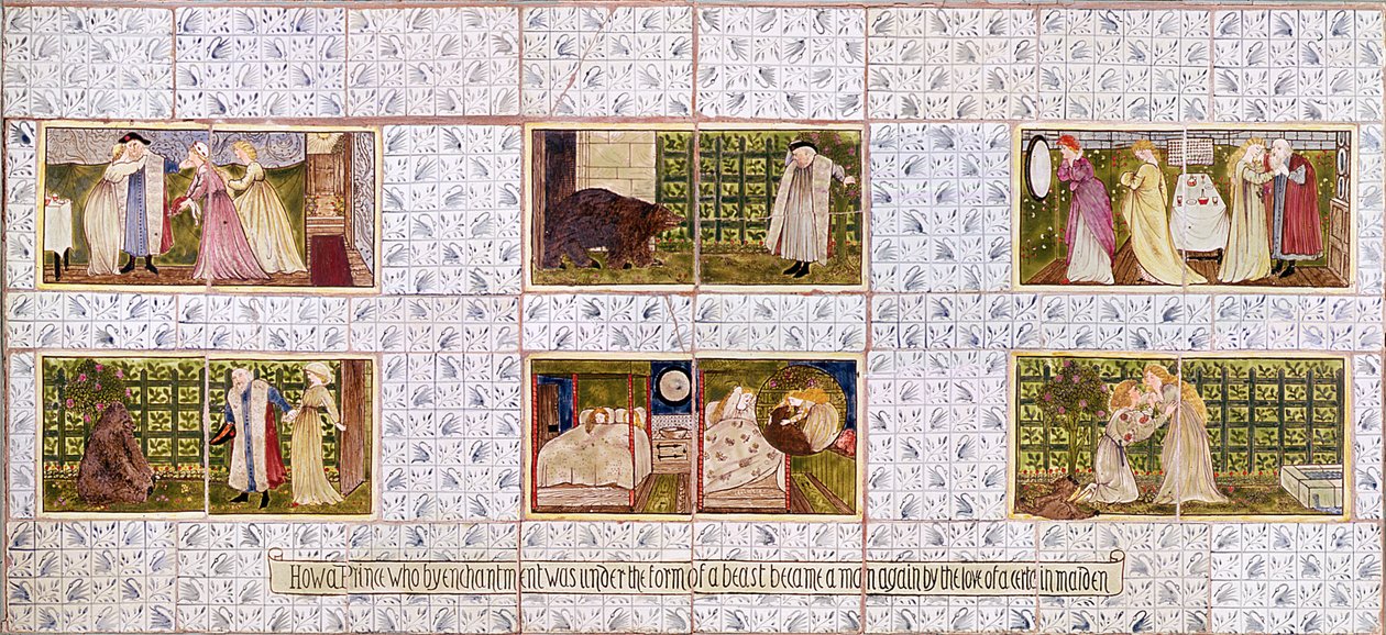 Panel of Tiles som skildrar historien om Beauty and the Beast från Birket Fosters hus i Witley, Surrey, ca 1862 (keramik) av William Morris