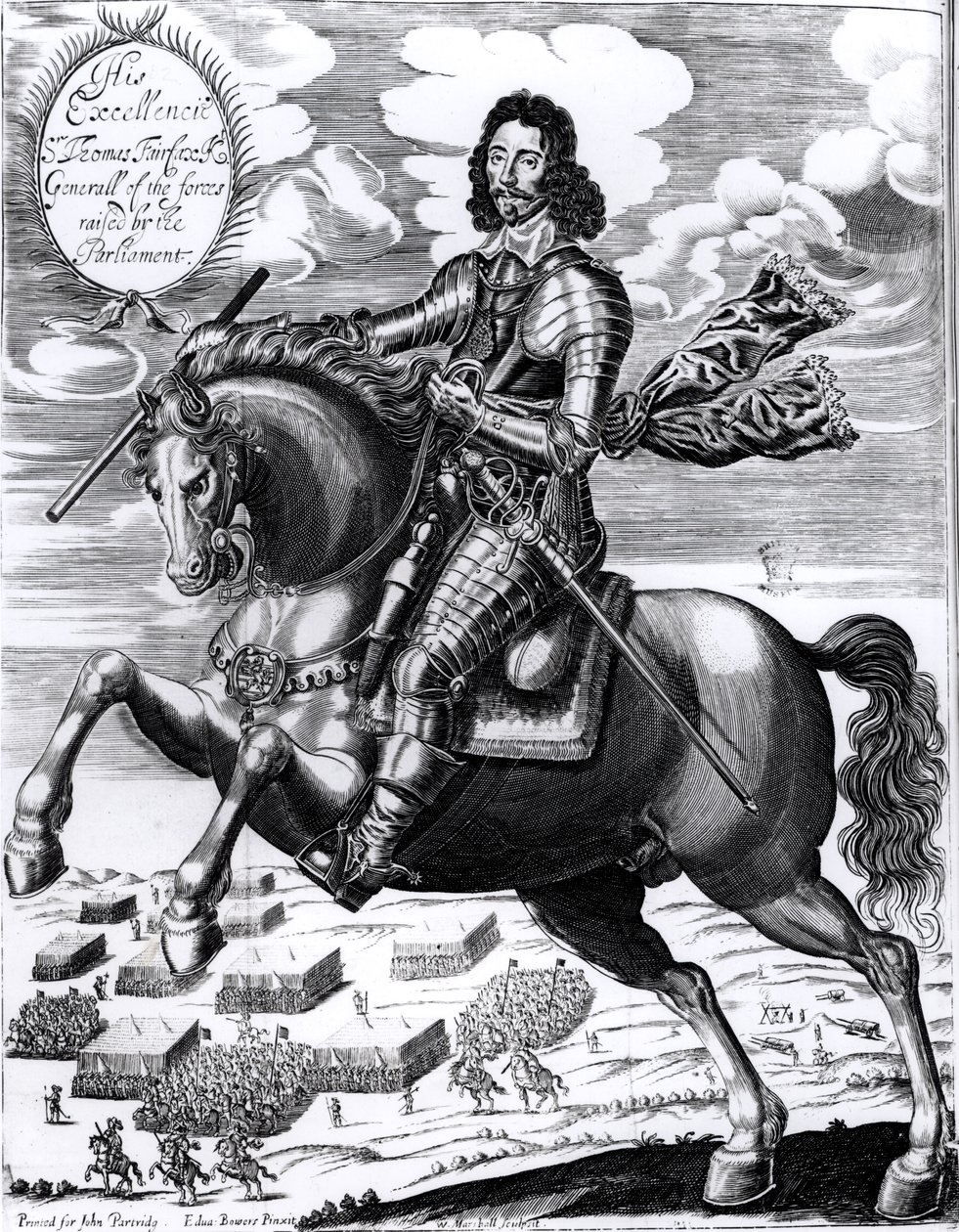 Ridsporträtt av hans excellens Sir Thomas Fairfax (1617-71) 3:e baron, graverad av William Marshall (fl.1617-49) av Edward Bower